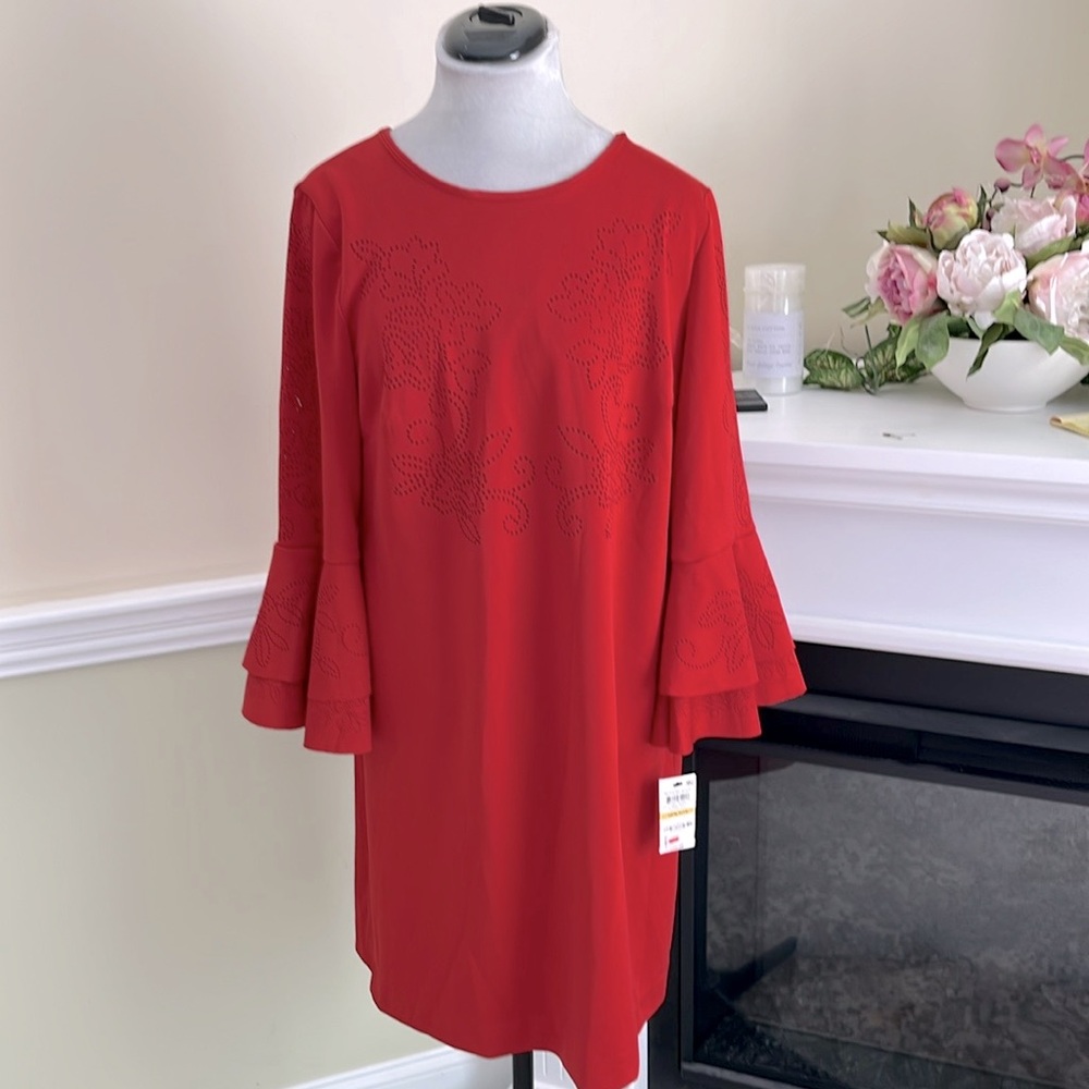 ALFANI Red Laser Cut Bell Sleeve Dress 14P NWT - Picture 6 of 13